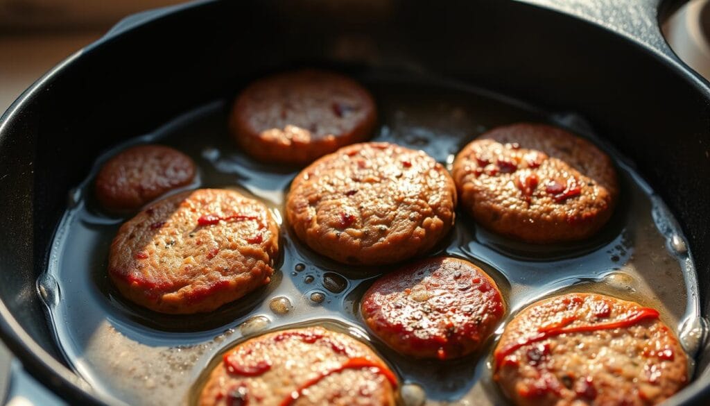 A close-up shot of a cast-iron skillet sizzling with golden-brown beef breakfast sausage patties, the edges crisped to perfection. The sausage gently simmers in a pool of rendered fat, filling the air with the savory aroma of freshly cooked meat and fragrant spices. Casting a warm glow, soft natural light filters through a window, creating long, dramatic shadows across the skillet's surface. The image conveys the comforting, homemade atmosphere of preparing a hearty breakfast, ready to be served with fluffy scrambled eggs and crisp hash browns.