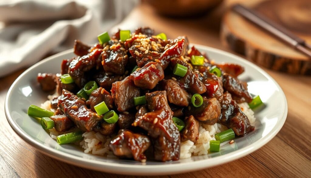 A close-up shot of a delicious bulgogi dish, beautifully plated on a wooden table. The tender, flavorful beef is garnished with vibrant green scallions, toasted sesame seeds, and a drizzle of rich, savory sauce. The lighting is warm and inviting, casting a soft glow that enhances the dish's rich, caramelized tones. In the background, a minimalist setting with natural textures, such as a linen napkin or a wooden plank, creates a cozy and appetizing atmosphere. The overall composition exudes a sense of comfort and satisfaction, perfectly capturing the essence of this easy-to-prepare, yet utterly delectable bulgogi recipe. A close-up shot of a delicious bulgogi dish, beautifully plated on a wooden table. The tender, flavorful beef is garnished with vibrant green scallions, toasted sesame seeds, and a drizzle of rich, savory sauce. The lighting is warm and inviting, casting a soft glow that enhances the dish's rich, caramelized tones. In the background, a minimalist setting with natural textures, such as a linen napkin or a wooden plank, creates a cozy and appetizing atmosphere. The overall composition exudes a sense of comfort and satisfaction, perfectly capturing the essence of this easy-to-prepare, yet utterly delectable bulgogi recipe.