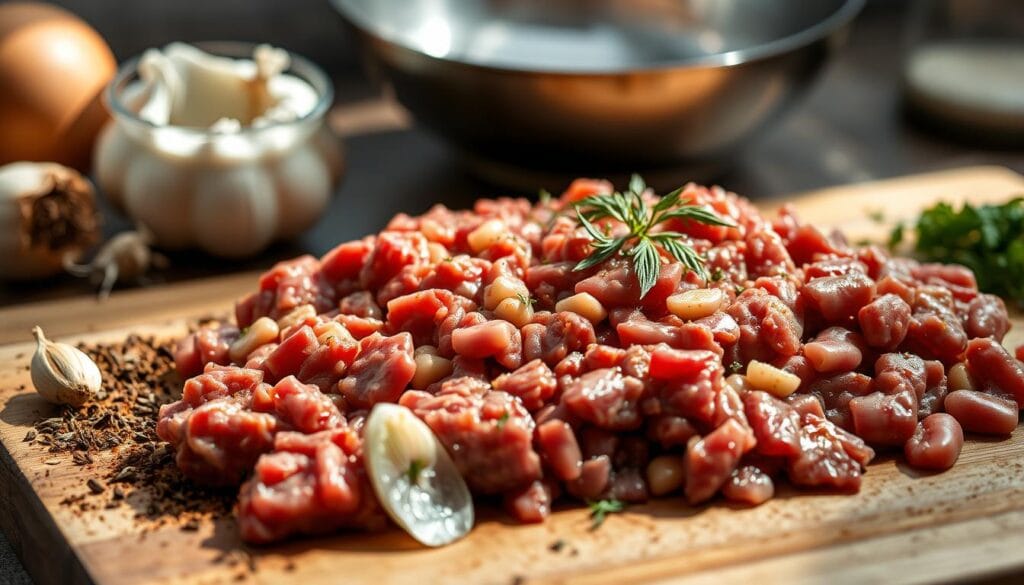 A close-up shot of freshly ground beef, glistening with fat, neatly arranged on a wooden cutting board. The meat is surrounded by aromatic spices like garlic, onion, and a blend of savory herbs. The lighting is soft and natural, casting subtle shadows that accentuate the texture of the beef. In the background, a stainless steel bowl filled with water stands ready, hinting at the next steps in the preparation process. The overall mood is one of anticipation, as the viewer can almost smell the depth of flavor that will come from this careful ground beef preparation, perfect for infusing into a hearty batch of baked beans. A close-up shot of freshly ground beef, glistening with fat, neatly arranged on a wooden cutting board. The meat is surrounded by aromatic spices like garlic, onion, and a blend of savory herbs. The lighting is soft and natural, casting subtle shadows that accentuate the texture of the beef. In the background, a stainless steel bowl filled with water stands ready, hinting at the next steps in the preparation process. The overall mood is one of anticipation, as the viewer can almost smell the depth of flavor that will come from this careful ground beef preparation, perfect for infusing into a hearty batch of baked beans.