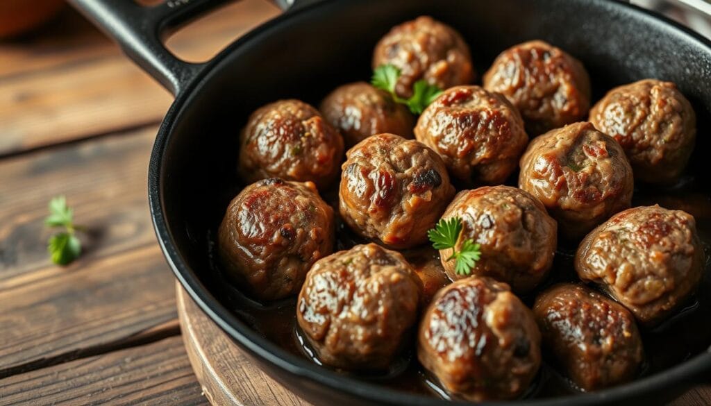 A close-up shot of freshly prepared meatballs sizzling in a cast-iron skillet on a rustic wooden table. The meatballs have a perfectly browned exterior, revealing a juicy, tender interior without any visible breadcrumbs. Warm, diffused lighting from the side casts a soft glow, highlighting the subtle texture and subtle sheen of the meatballs. The scene conveys a sense of homemade, comforting cooking, with the meatballs appearing effortlessly delicious. A sprig of fresh herbs, such as parsley or thyme, adds a touch of freshness to the composition. A close-up shot of freshly prepared meatballs sizzling in a cast-iron skillet on a rustic wooden table. The meatballs have a perfectly browned exterior, revealing a juicy, tender interior without any visible breadcrumbs. Warm, diffused lighting from the side casts a soft glow, highlighting the subtle texture and subtle sheen of the meatballs. The scene conveys a sense of homemade, comforting cooking, with the meatballs appearing effortlessly delicious. A sprig of fresh herbs, such as parsley or thyme, adds a touch of freshness to the composition.