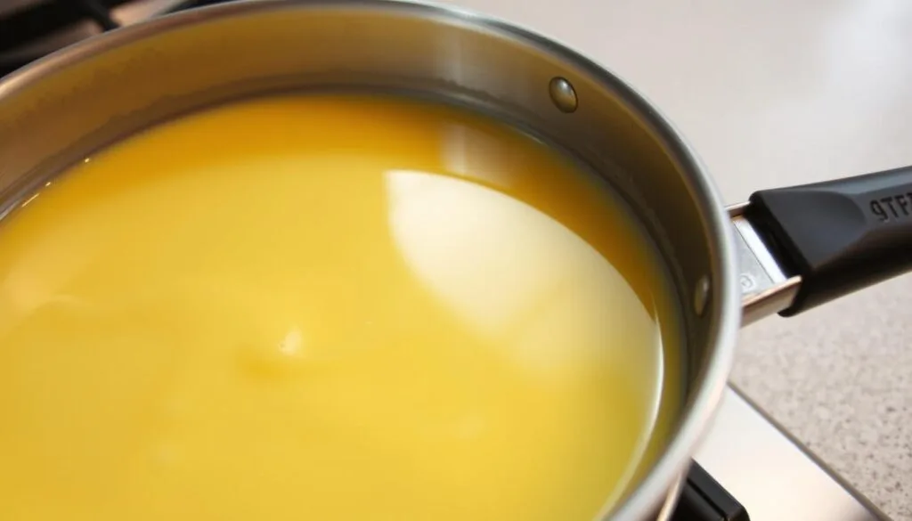 A close-up view of a metal saucepan filled with a creamy, golden-yellow cheese sauce. The sauce is gently simmering on a stovetop, with small bubbles breaking the surface. Soft light illuminates the pan, casting warm highlights on the silky texture of the sauce. In the background, a neutral-toned kitchen counter provides a clean, uncluttered backdrop, allowing the sauce to be the focal point. The composition emphasizes the preparation and cooking process, providing helpful visual cues for the "Critical Cooking Tips for Best Results" section of the article.