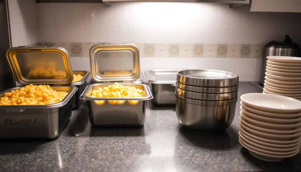 A neatly organized, well-lit kitchen counter displays freshly prepared Chick-fil-A mac and cheese. The creamy cheese sauce glistens under warm, diffused lighting, inviting a closer look. Stainless steel storage containers, their lids ajar, stand ready to preserve the dish's flavor and texture. A stack of microwave-safe bowls sits nearby, hinting at the ease of reheating this comforting treat. The scene conveys a sense of culinary expertise and attention to detail, reflecting the care taken in crafting and maintaining the perfect Chick-fil-A mac and cheese experience.