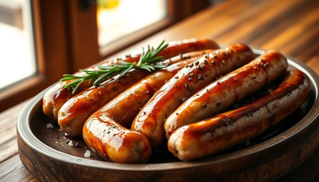 A platter of sizzling beef breakfast sausages, arranged neatly on a rustic wooden table. The sausages are a deep golden-brown, glistening with a light coating of maple syrup. Freshly cracked black pepper adds a subtle kick, complementing the savory, smoky flavor. A sprig of rosemary and a sprinkle of coarse sea salt provide a touch of elegance. Warm, diffused lighting from a nearby window casts a soft, inviting glow over the scene, creating a comforting and appetizing atmosphere. The composition emphasizes the delectable appearance of the sausages, making them the focal point and enticing the viewer to imagine the satisfying taste and texture.