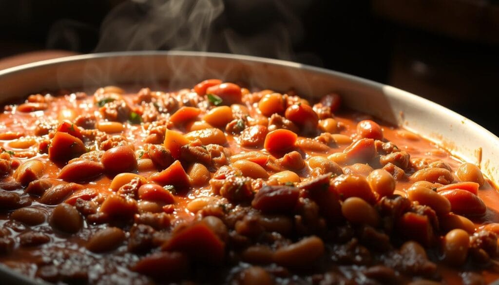 A steaming casserole dish filled with a rich, thick ground beef sauce, simmered to perfection with tender baked beans. The sauce base has a deep, savory flavor, with notes of tomato, garlic, and aromatic spices. Specks of herbs and a subtle char on the surface add visual interest. The dish is lit from the side, casting dramatic shadows and highlights that accentuate the hearty, homemade texture. Shot at a low angle, the casserole fills the frame, conveying the comforting, homestyle essence of this classic recipe. A steaming casserole dish filled with a rich, thick ground beef sauce, simmered to perfection with tender baked beans. The sauce base has a deep, savory flavor, with notes of tomato, garlic, and aromatic spices. Specks of herbs and a subtle char on the surface add visual interest. The dish is lit from the side, casting dramatic shadows and highlights that accentuate the hearty, homemade texture. Shot at a low angle, the casserole fills the frame, conveying the comforting, homestyle essence of this classic recipe.