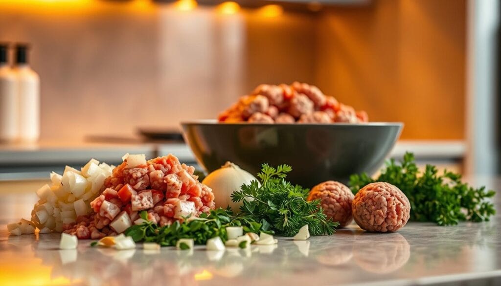 A stylish kitchen countertop, bathed in warm, golden light, showcases a collection of fresh ingredients for making meatballs without breadcrumbs. In the foreground, diced onions, garlic, and herbs sit neatly arranged, ready to be incorporated into the savory mixture. In the middle ground, a bowl overflows with ground meat, its texture inviting and lean. The background features a sleek, minimalist design, allowing the culinary focus to take center stage. The overall atmosphere exudes a sense of culinary expertise and attention to detail, perfectly reflecting the section title "Common Mistakes to Avoid When Making Breadcrumb-Free Meatballs". A stylish kitchen countertop, bathed in warm, golden light, showcases a collection of fresh ingredients for making meatballs without breadcrumbs. In the foreground, diced onions, garlic, and herbs sit neatly arranged, ready to be incorporated into the savory mixture. In the middle ground, a bowl overflows with ground meat, its texture inviting and lean. The background features a sleek, minimalist design, allowing the culinary focus to take center stage. The overall atmosphere exudes a sense of culinary expertise and attention to detail, perfectly reflecting the section title "Common Mistakes to Avoid When Making Breadcrumb-Free Meatballs".