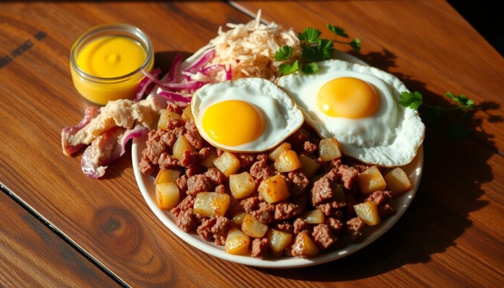 Corned beef hash breakfast plating Corned beef hash breakfast plating