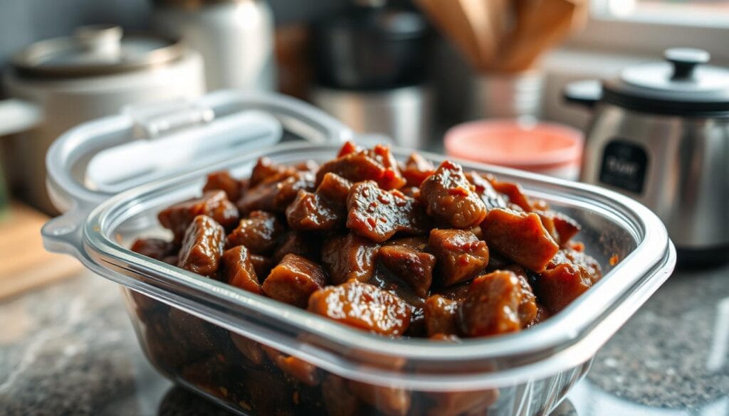 high resolution, detailed photograph of freshly cooked bulgogi in a glass container or plastic storage container, with the container lid opened slightly to reveal the contents, placed on a kitchen counter or table with a blurred background of other kitchen appliances or elements, natural lighting from a nearby window creating soft shadows, the bulgogi looking moist and glistening with the sauce, the container positioned at a slight angle to showcase the contents, a warm, inviting tone to the overall scene high resolution, detailed photograph of freshly cooked bulgogi in a glass container or plastic storage container, with the container lid opened slightly to reveal the contents, placed on a kitchen counter or table with a blurred background of other kitchen appliances or elements, natural lighting from a nearby window creating soft shadows, the bulgogi looking moist and glistening with the sauce, the container positioned at a slight angle to showcase the contents, a warm, inviting tone to the overall scene