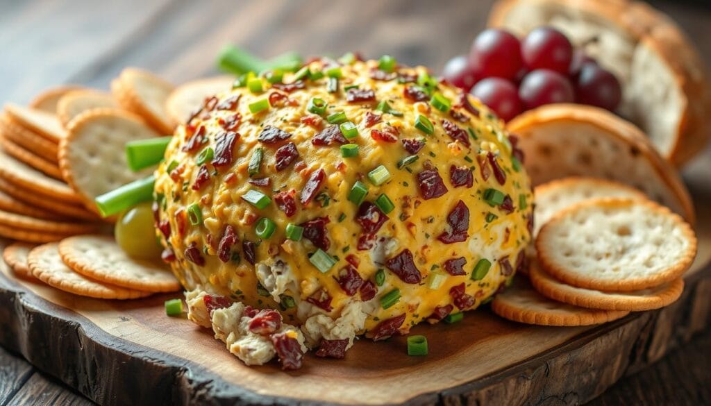 Cheese ball with chipped beef and green onion serving ideas