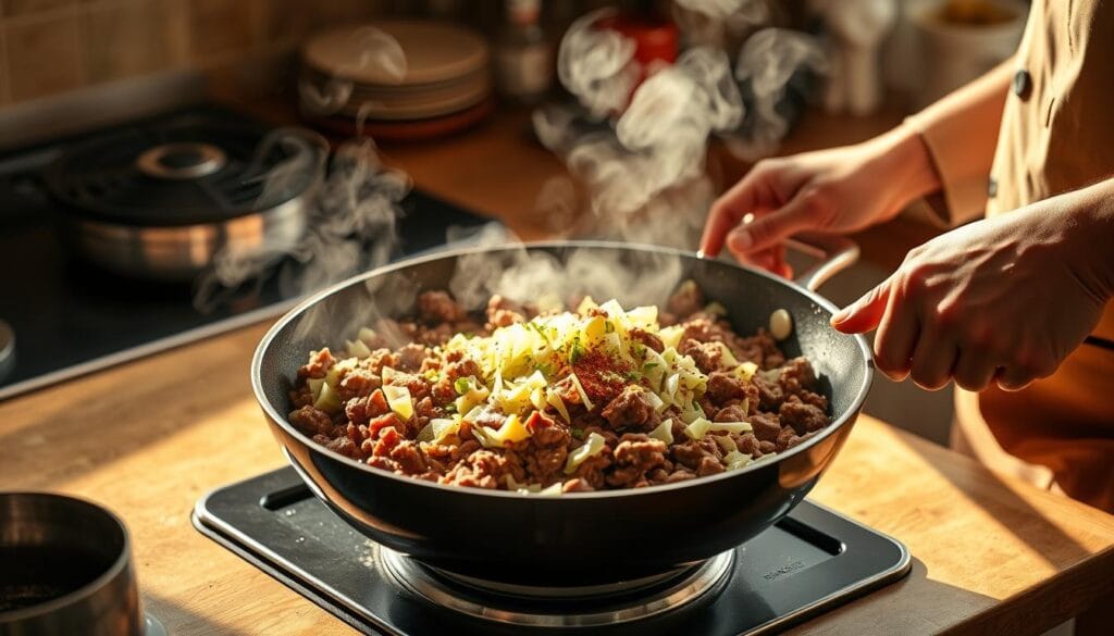 Ground Beef Cabbage Skillet Cooking Process