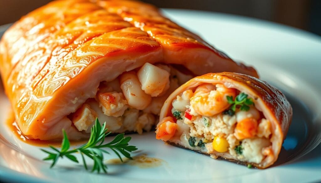 Stuffing salmon with crabmeat and shrimp