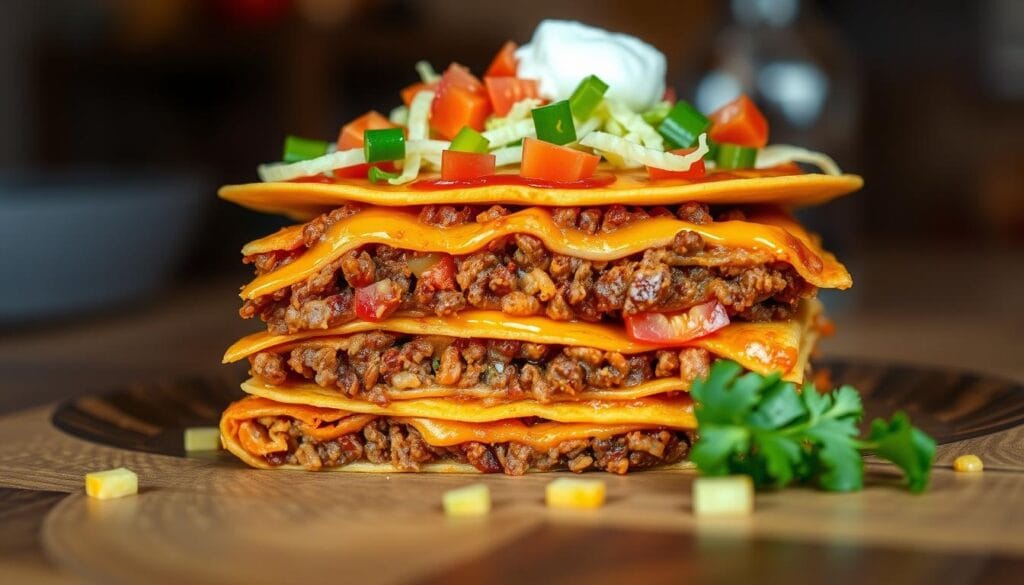 taco lasagna recipe with tortillas and uncooked ground beef